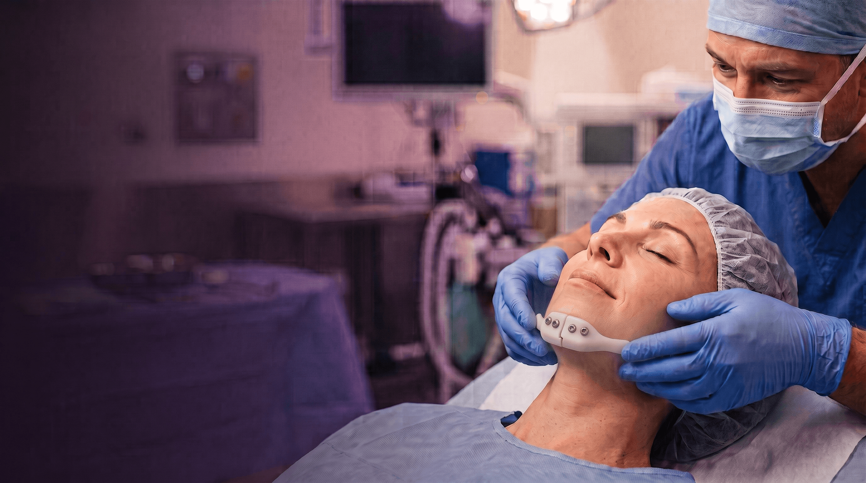 Surgeon presenting a custom facial prosthesis to a patient